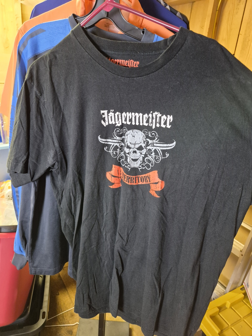 Jagermeister Black Short-Sleeve Tee with White Skull and Orange Banner Bin 46